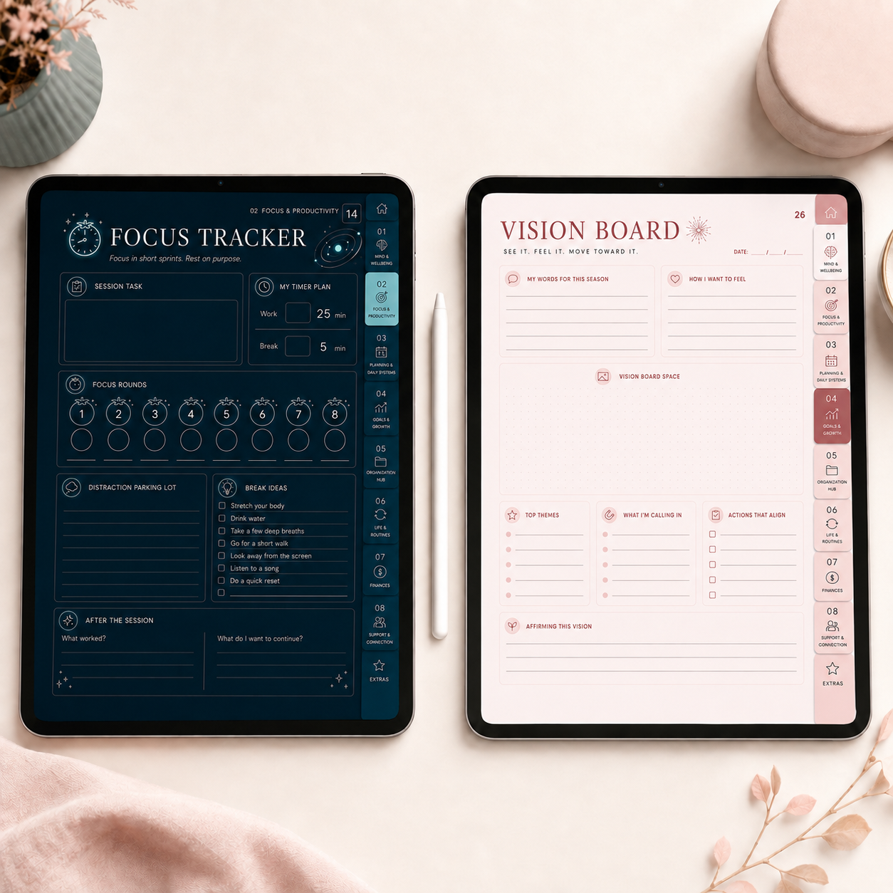 Dark Teal Focus Tracker and Light Vision Board planner pages displayed side by side on two tablets