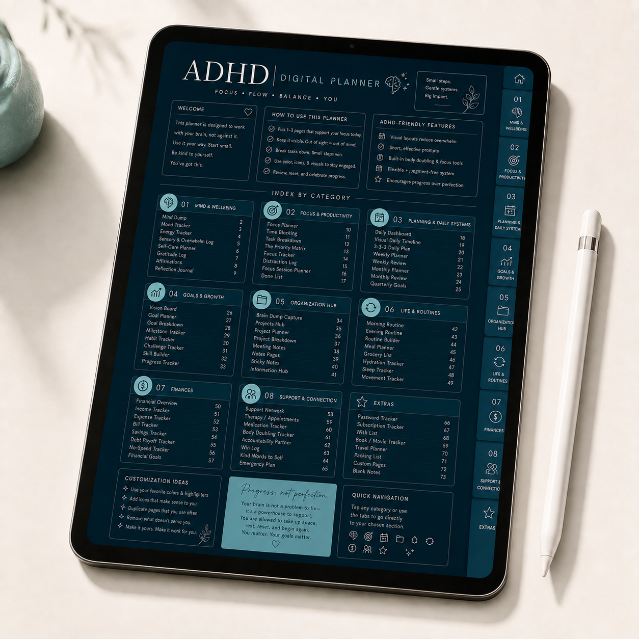 Dark Teal ADHD Digital Planner index page displayed on a tablet, showcasing clickable planner categories