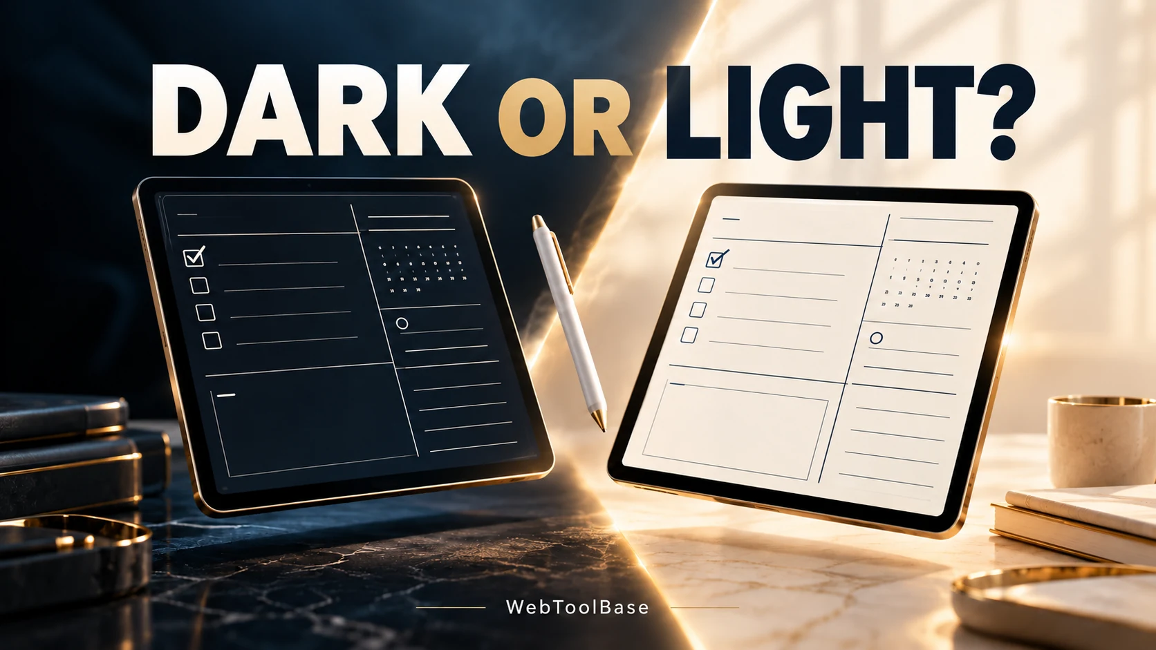Dark or light? Two illustrated digital planners compare navy pages with ivory pages beside a stylus.