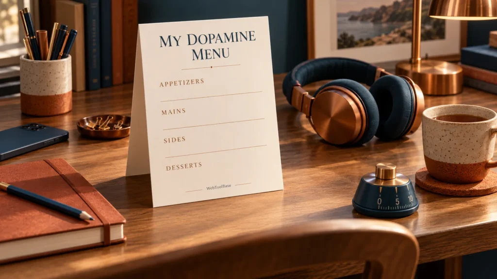 A personal dopamine menu card on a desk with headphones, a sketchbook, tea and a timer, illustrating practical choices for a break.