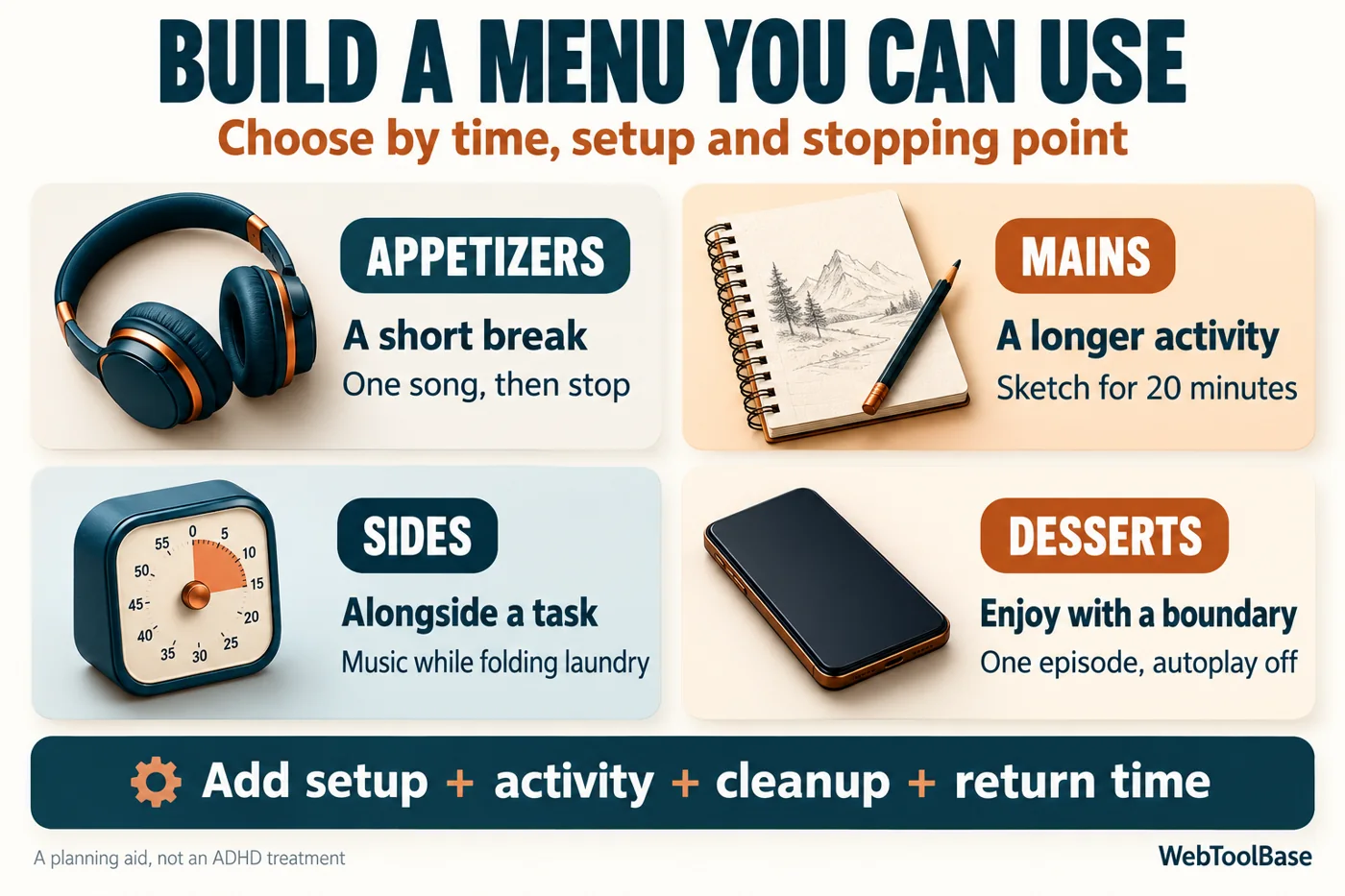 Four dopamine menu categories: appetizers for a short break, mains for a longer activity, sides alongside a task and desserts with a boundary. Include setup, activity, cleanup and return time.